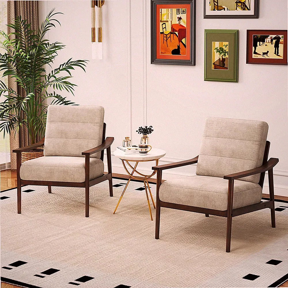 2 PCS Modern Accent Chair Upholstered Leisure Armchair with Rubber Wood