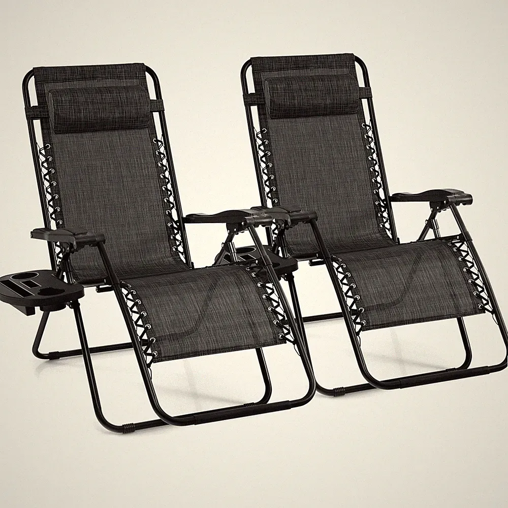2PC Folding Zero Gravity Reclining Lounge Chairs Beach Patio W/Utility Tray