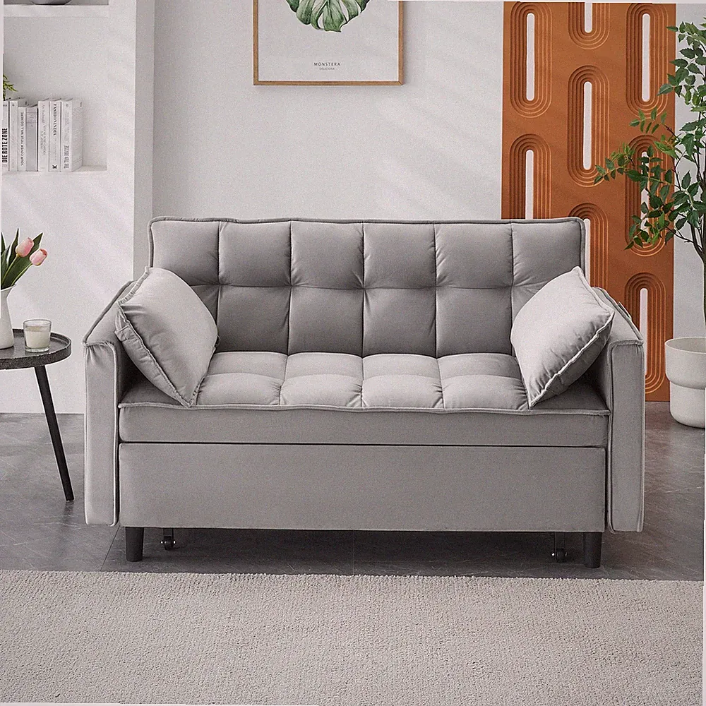 3 in 1 Pull Out Sleeper Sofa Bed Convertible Velvet Couch with Pillows & Pockets