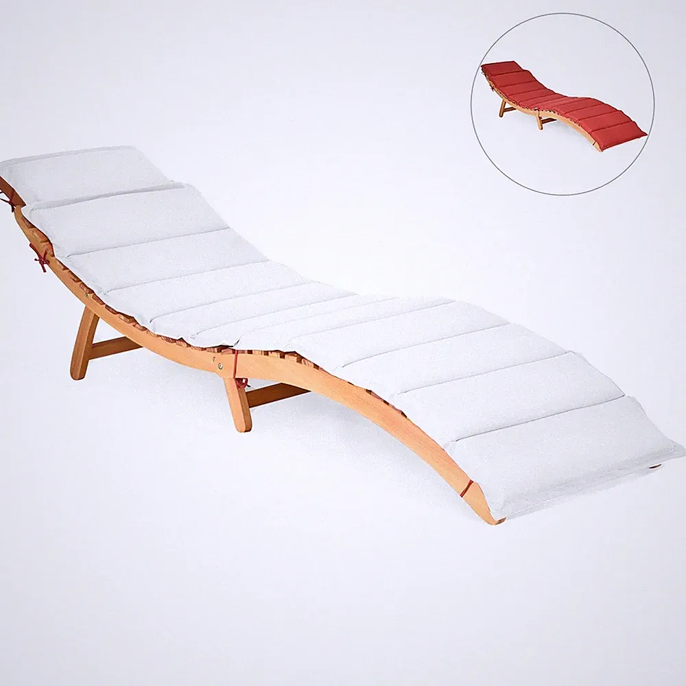 Folding Wooden Outdoor Lounge Chair Chaise Red/White Cushion Pad Pool Deck