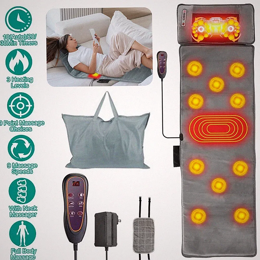 Full Body Electric Massage Mat for Bed w/ Shiatsu Heated Neck Massager for Home
